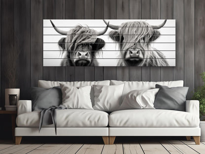 Highland Cows Wall Art - Rustic Wood Wall Decor with Romantic Cow Painting on Natural Wood