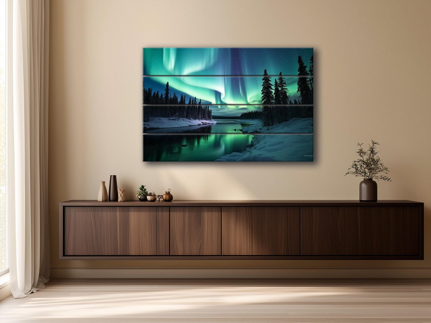 Northern Lights Wall Art – Wooden Wall Decor with Aurora Borealis Landscape