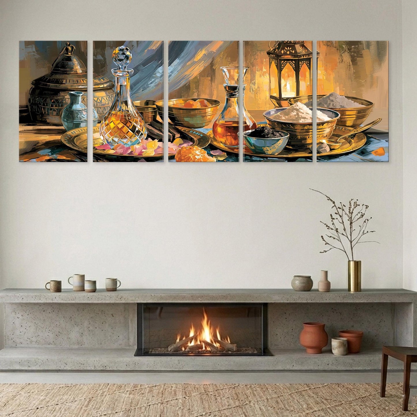 The image is a modern art piece depicting a cozy living room scene with a fireplace, a table set with various objects, and a warm fire burning inside.