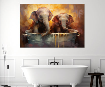 Cute Elephants in the Bathtub Canvas Print, Bathroom Wall Decor, Framed and Ready to Hang
