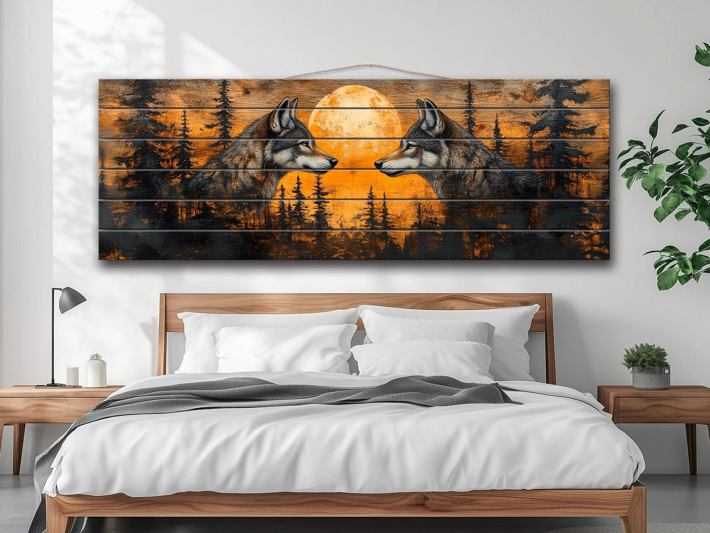 Wolf Wall Art - Sunset Forest Wolf Print on Natural Wood | Native American Art Decor