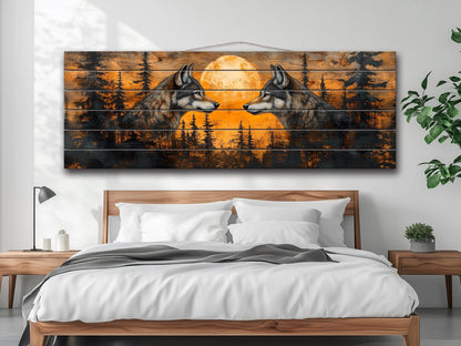 Wolf Wall Art - Sunset Forest Wolf Print on Natural Wood | Native American Art Decor