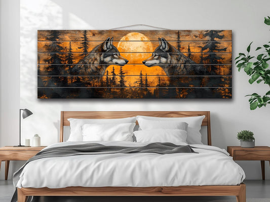 Wolf Wall Art - Sunset Forest Wolf Print on Natural Wood | Native American Art Decor