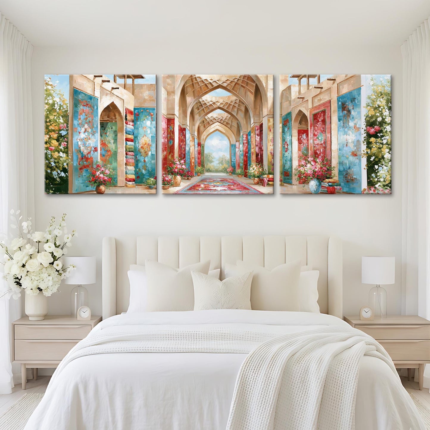 A large, white bed with a white comforter and pillows, flanked by two nightstands with lamps. Above the bed is a triptych of colorful paintings depicting an ornate, arched hallway with floral decorations.