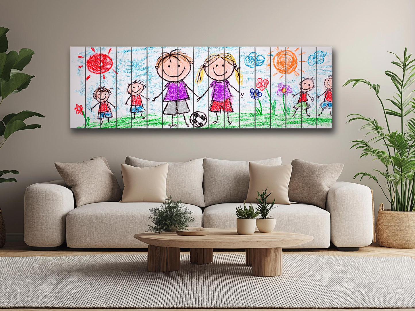 Family Crayon Art Print on Wood, Cute Kids Drawing, Rustic Nursery Wall Decor