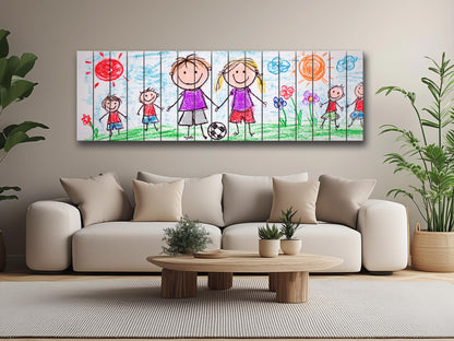 Family Crayon Art Print on Wood, Cute Kids Drawing, Rustic Nursery Wall Decor