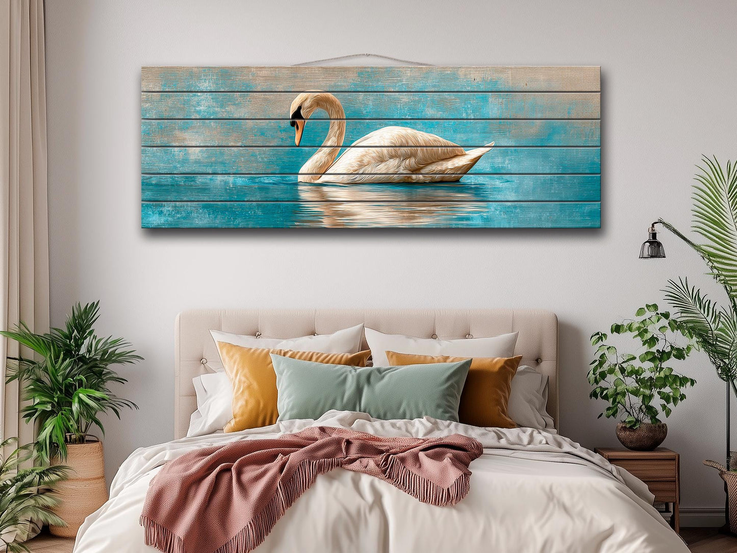 Swan Print Wood - Elegant Wildlife Wall Art | Rustic Farmhouse Beige Blue Painting