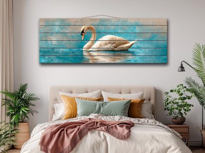Swan Print Wood - Elegant Wildlife Wall Art | Rustic Farmhouse Beige Blue Painting