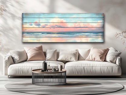 Wood Wall Art – Dreamy Pastel Skyline with Cotton Candy Clouds over Ocean Print on Natural Wood, Rustic Sea Beach Painting, Soft Tones Art