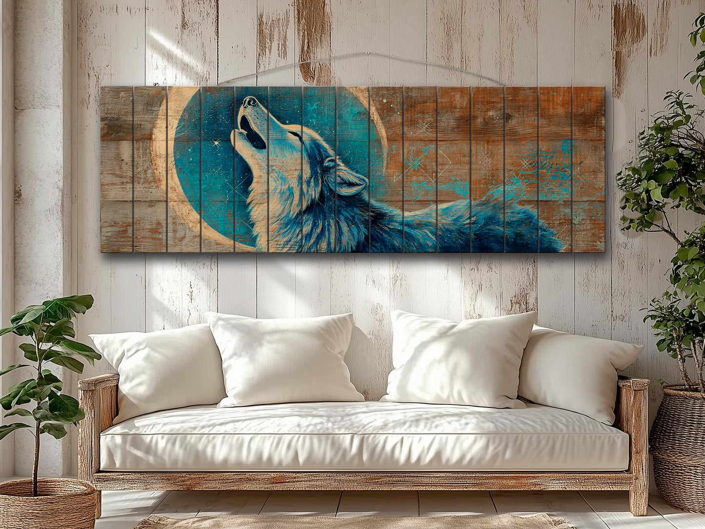 Wood Wall Art - Mystical Wolf Howling on Full Moon Print on Natural Wood, Howling Wolf Painting, Native American Wall Decor, Rustic Wolf Art