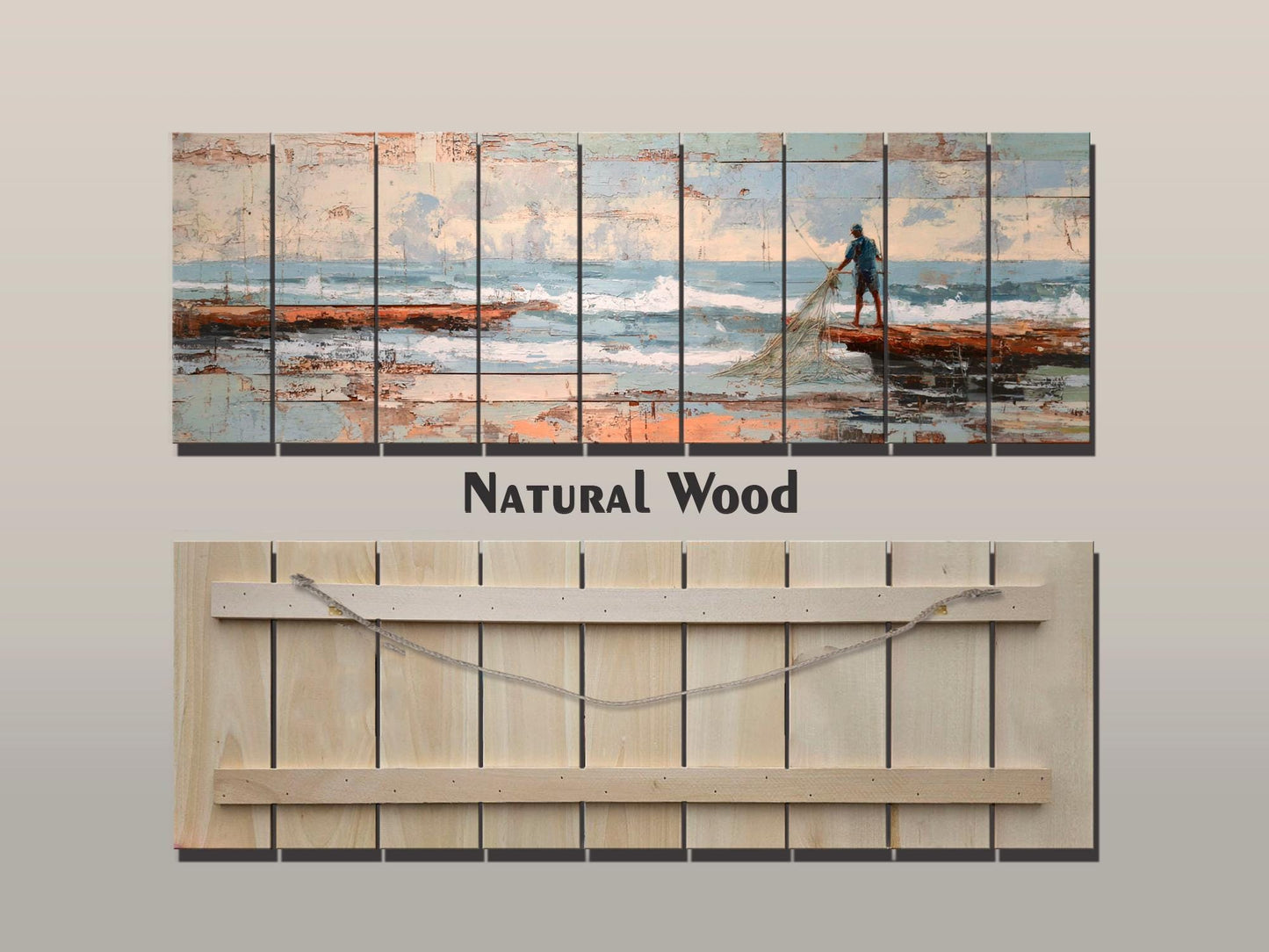 Fisherman Print Wood - Rustic Coastal Wall Art With Sea Nets & Calm Sky Painting