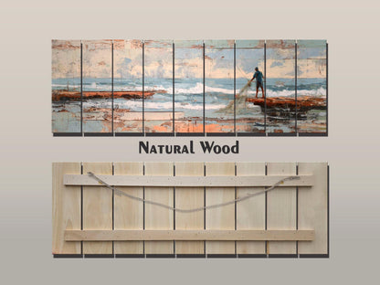 Fisherman Print Wood - Rustic Coastal Wall Art With Sea Nets & Calm Sky Painting