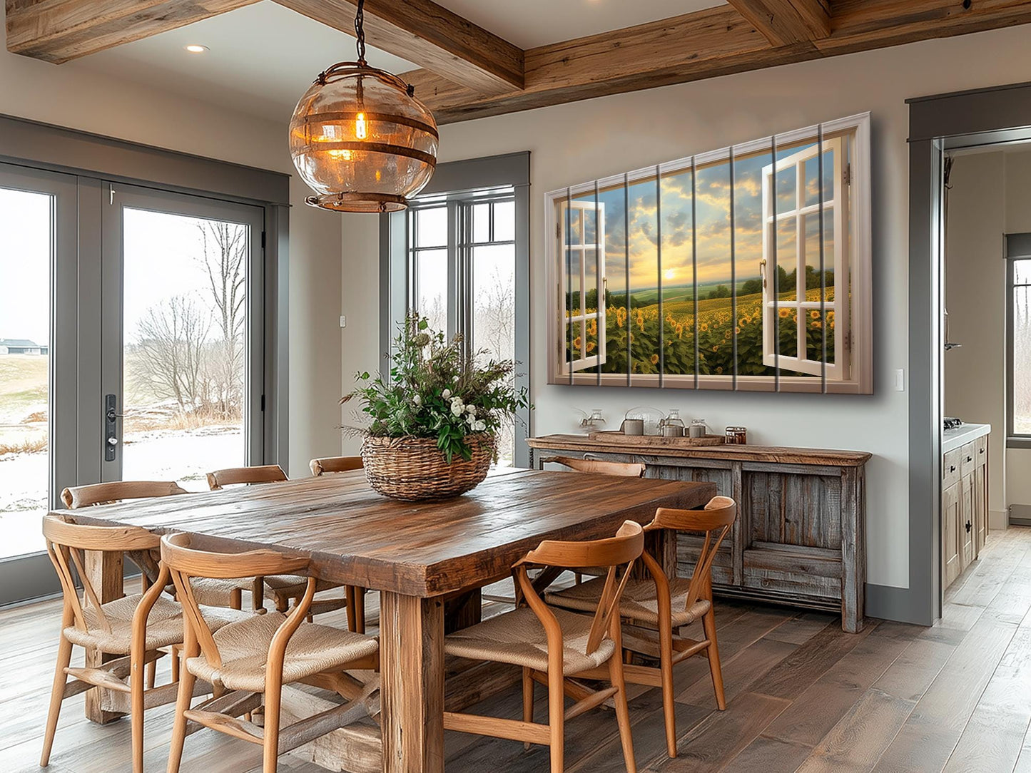 Wood Wall Art | Rustic Floral Wood Print with Sunflower Field Open Window Painting