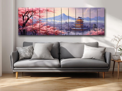 Sakura Blossom Wall Art – Japanese Wood Art Print on Natural Wood Planks