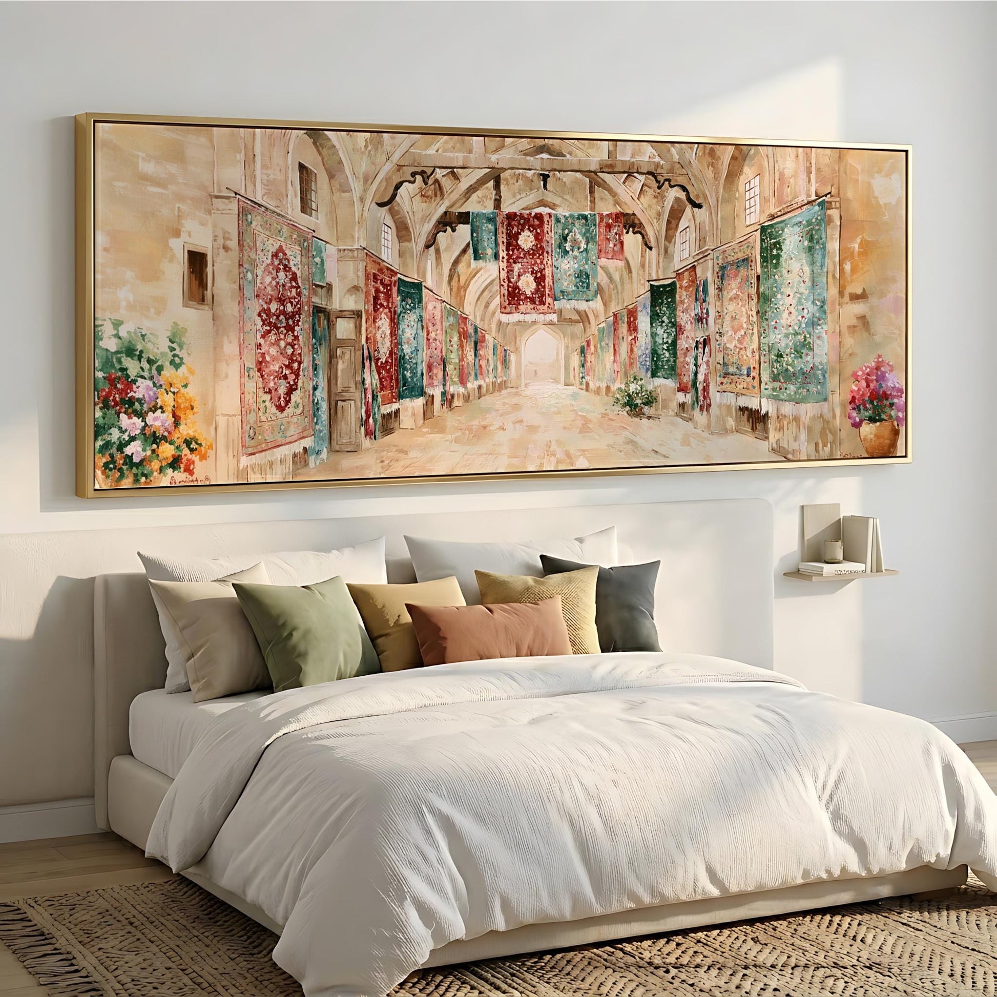 a large, ornate painting of a hallway with colorful tapestries hanging from the ceiling. The painting is displayed on a wall above a bed with white bedding and pillows.