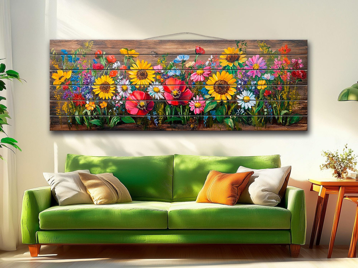 Wood Wall Art – Rustic Floral Wall Art with Daisy Sunflower Poppy Summer Print