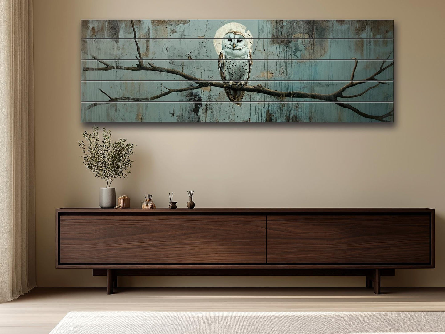 Wood Wall Art – Rustic Owl on Branch Print | Natural Wood Plank Decor