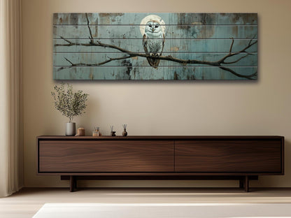 Wood Wall Art – Rustic Owl on Branch Print | Natural Wood Plank Decor