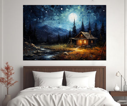Moonlit Cabin Canvas – Rustic Wall Art | Starry Night Canvas Framed Print