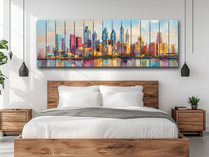 Philadelphia Skyline with Liberty Bell Wood Print – Rustic Wall Art, Bright City Painting on Distressed Wood, Farmhouse Wall Decor
