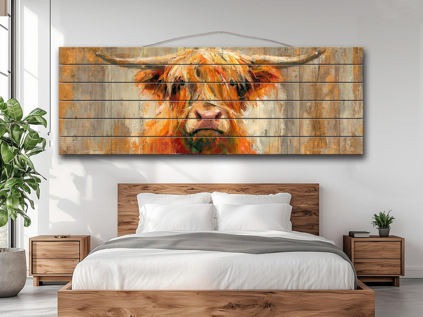 Rustic Wood Wall Art – Cheerful Highland Cow Print | Farmhouse Wall Decor