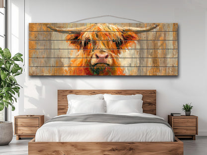 Rustic Wood Wall Art – Cheerful Highland Cow Print | Farmhouse Wall Decor