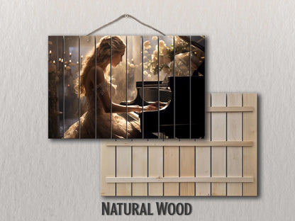 Rustic Piano Wall Art - Wooden Piano Print of Pianist Girl, Framed & Ready to Hang
