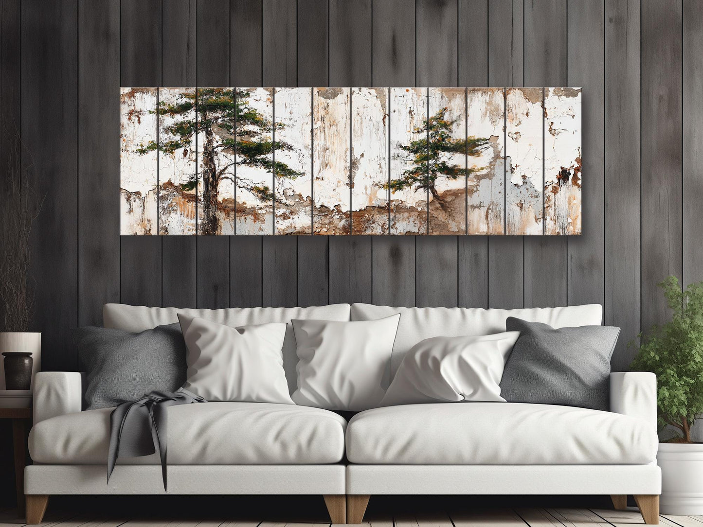 Wabi Sabi Wood Art – Rustic Wall Art with Pine Trees on Textured Wood Panel