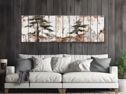 Wabi Sabi Wood Art – Rustic Wall Art with Pine Trees on Textured Wood Panel
