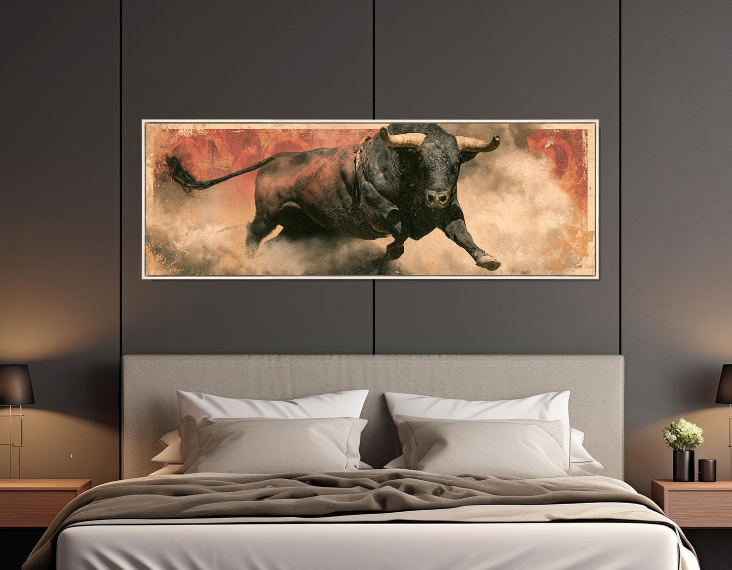 Rodeo Bull Canvas Print, Charging Bull Panorama, Large Western Wall Art, Framed and Ready to Hang