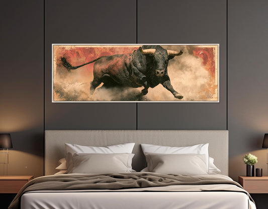 Rodeo Bull Canvas Print, Charging Bull Panorama, Large Western Wall Art, Framed and Ready to Hang
