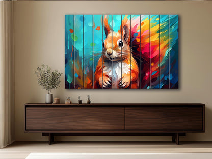 Wood Wall Art - Colorful Squirrel Abstract Painting on Natural Wood Planks