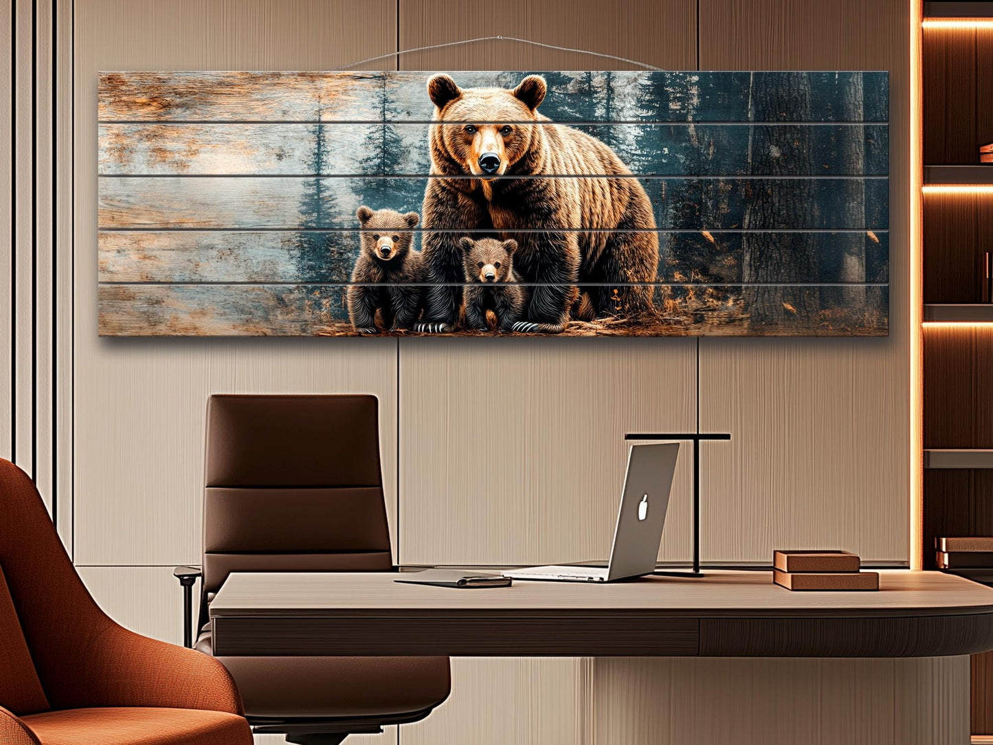 Grizzly Bear Wall Art - Rustic Wood Print with Bear Family Painting on Natural Wood Planks