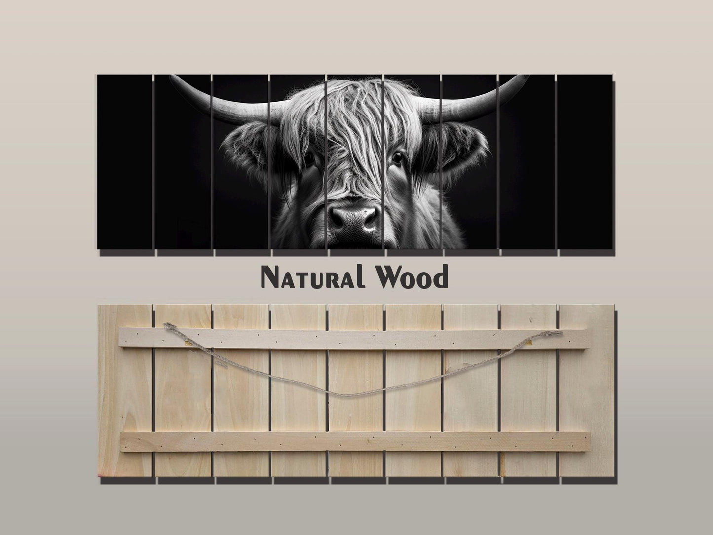Highland Cow Wall Art – Rustic Farmhouse Wood Decor | Black And White Cow Print