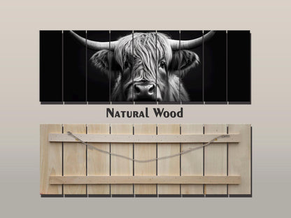 Highland Cow Wall Art – Rustic Farmhouse Wood Decor | Black And White Cow Print
