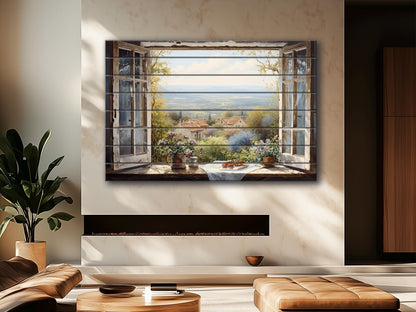 Balkan Landscape Wood Art – Rustic Natural Wood Wall Decor with Window View Painting