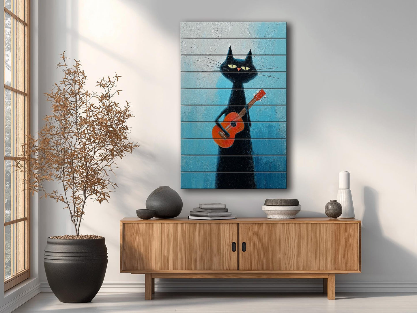 Cat Wood Wall Art – Rustic Siamese Cat Print with Ukulele on Natural Wood