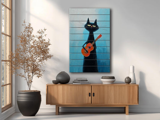 Cat Wood Wall Art – Rustic Siamese Cat Print with Ukulele on Natural Wood