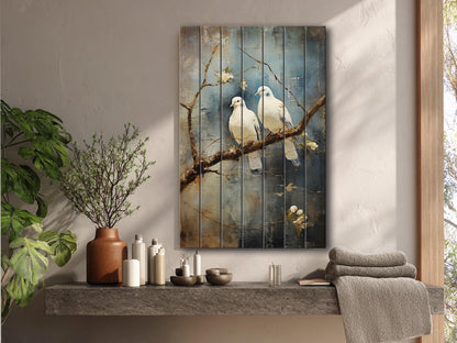 Romantic Wood Wall Art | Rustic Love Artwork Featuring Two White Pigeons on UV Printed Wood