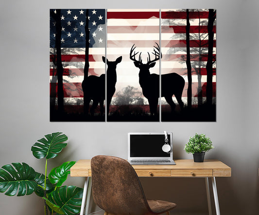 Deer Family Canvas Print – USA Flag Patriotic Deer Decor | Framed Wall Art Ready to Hang