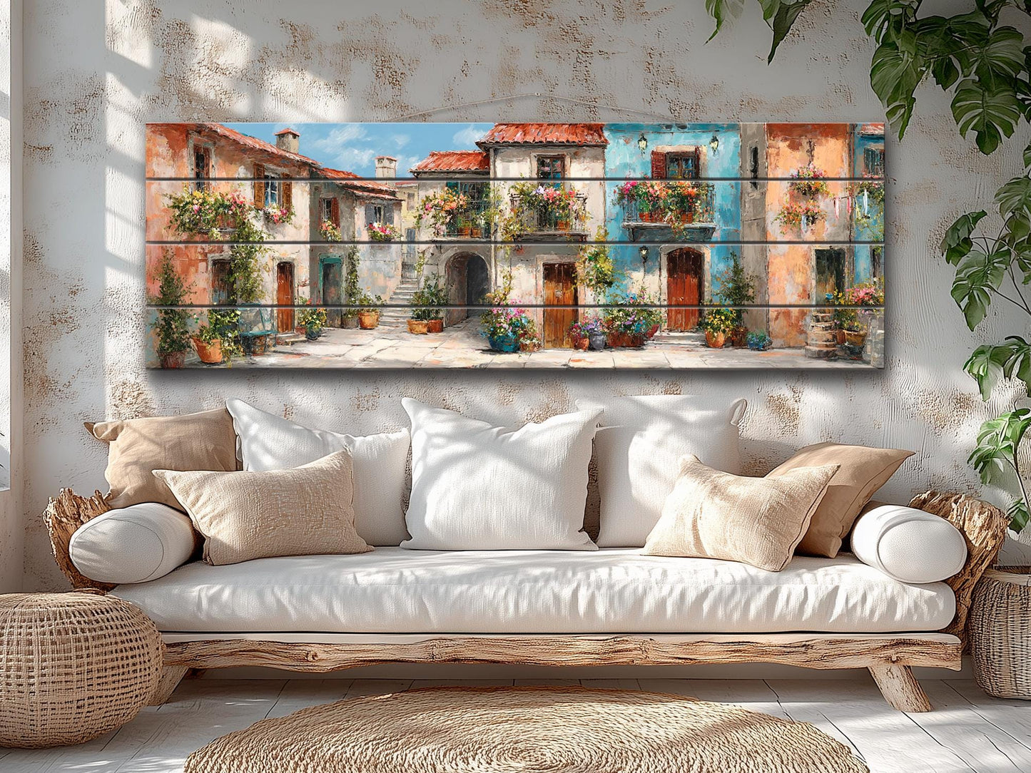Italian Wood Wall Art - Handcrafted Wood Print Featuring Flower Balcony & Rustic Decor