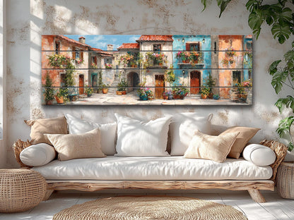 Italian Wood Wall Art - Handcrafted Wood Print Featuring Flower Balcony & Rustic Decor