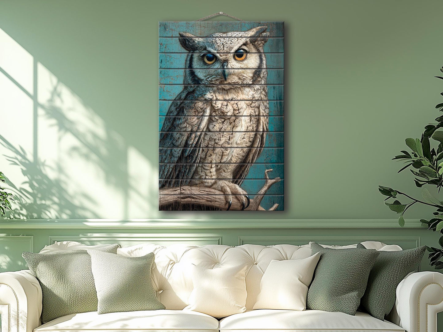Wood Wall Art – Piercing Owl Wood Print on Linden Planks | Rustic Farmhouse Decor