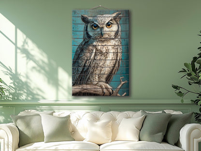 Wood Wall Art – Piercing Owl Wood Print on Linden Planks | Rustic Farmhouse Decor