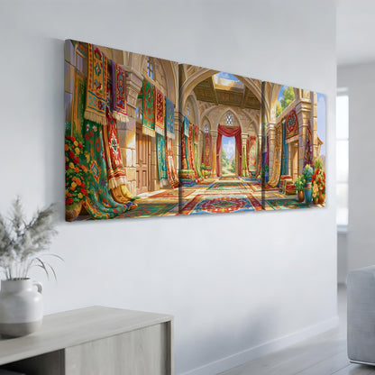 a grand, ornate hallway with arched doorways, colorful tapestries hanging from the walls, and a carpeted floor.