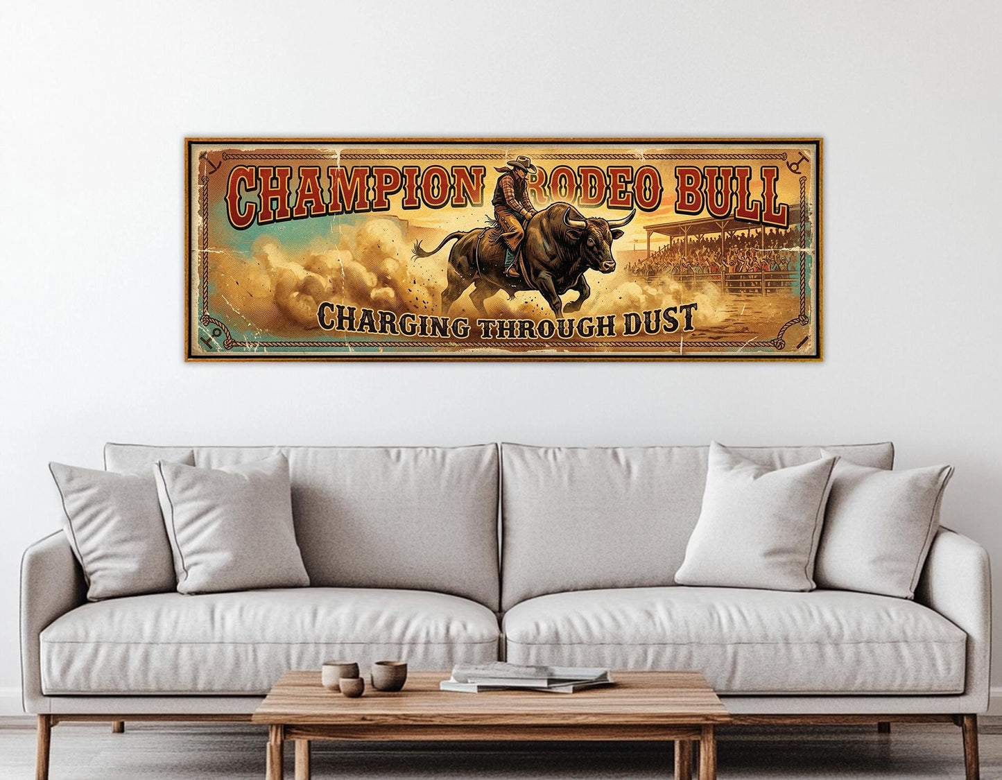 Majestic Rodeo Bull Canvas Print, American Flag, Large Western Wall Art, Framed and Ready to Hang