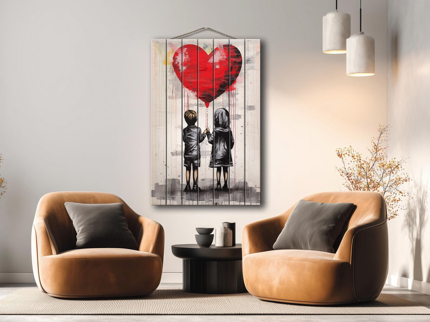 Wood Wall Art – Girl And Boy Balloon Graffiti Wood Print | Banksy Style Urban Decor