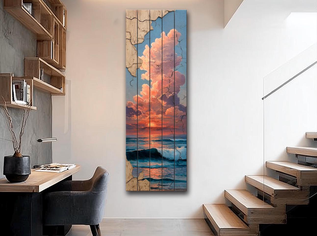 Wood Wall Art - Sunset Over Sea Printed on Wood – Coastal Horizon Wall Art – Rustic Beach Decor