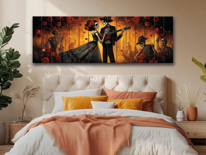 Day of the Dead Dancing Print On Natural Wood -Mexican Wall Art