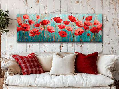Floral Wood Wall Art – Field of Poppies Print on Natural Linden Wood Planks